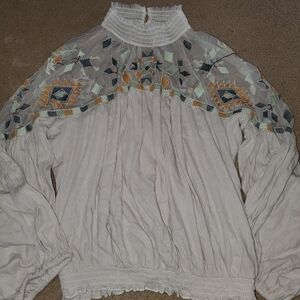 Free People Cream High-Neck Embroidered Peasant Blouse
